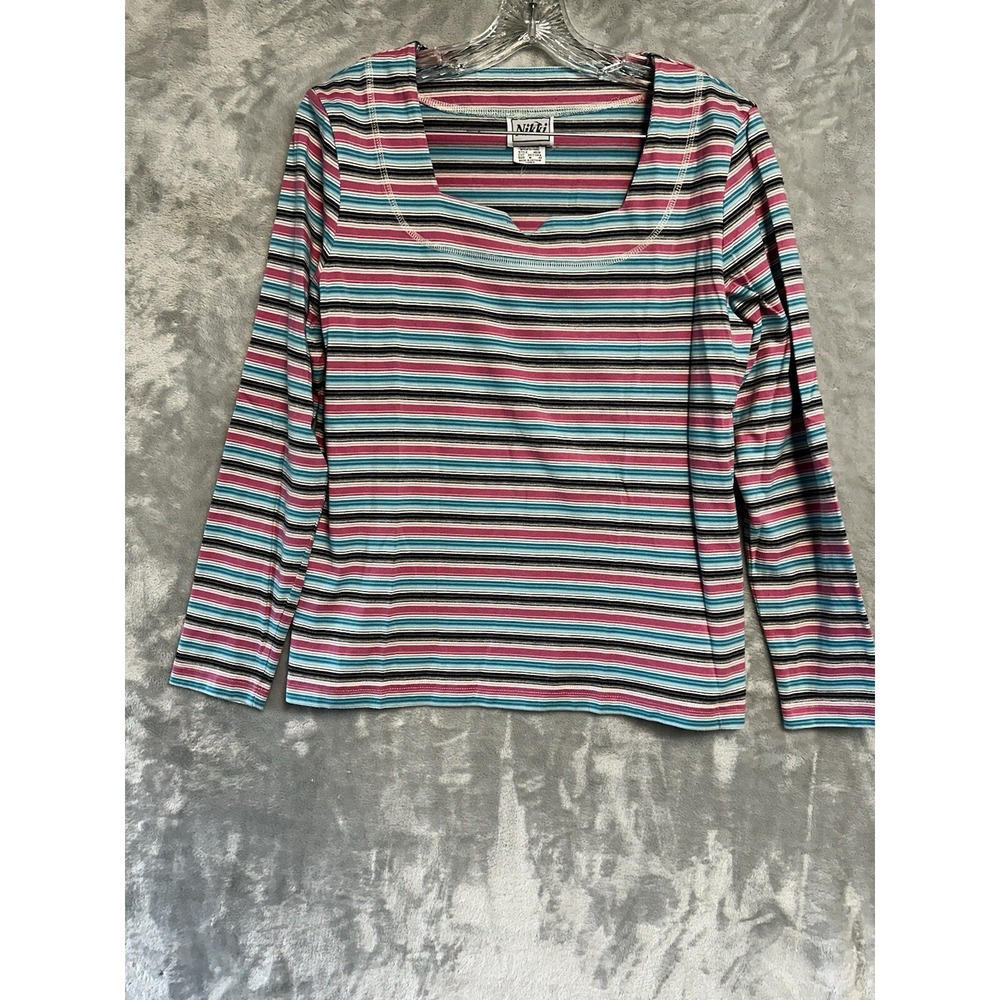 Nikki‎ Womens Multi-Color Striped Long Sleeve Notched Neck Top Medium 46U9